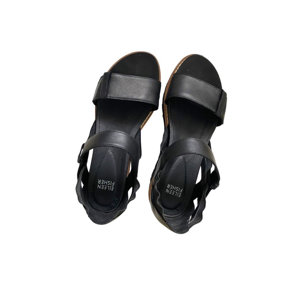 Eileen Fisher Black Leather Sandals Sz 7 - Picture 4 of 5